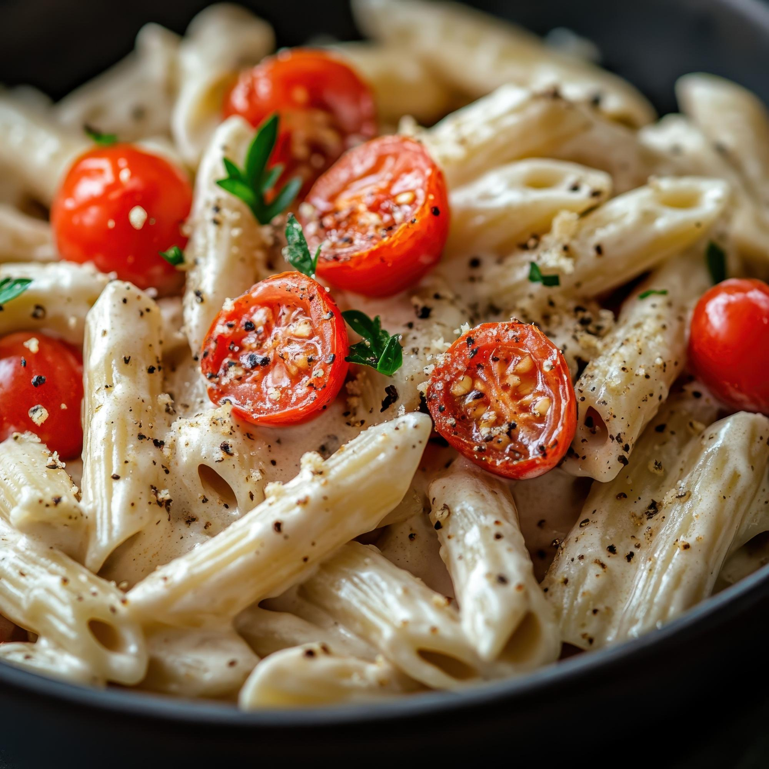 Plato de pasta humeante con trozos fundidos de queso de cabra madurado de Reserva Caprina y hojas de albahaca fresca.